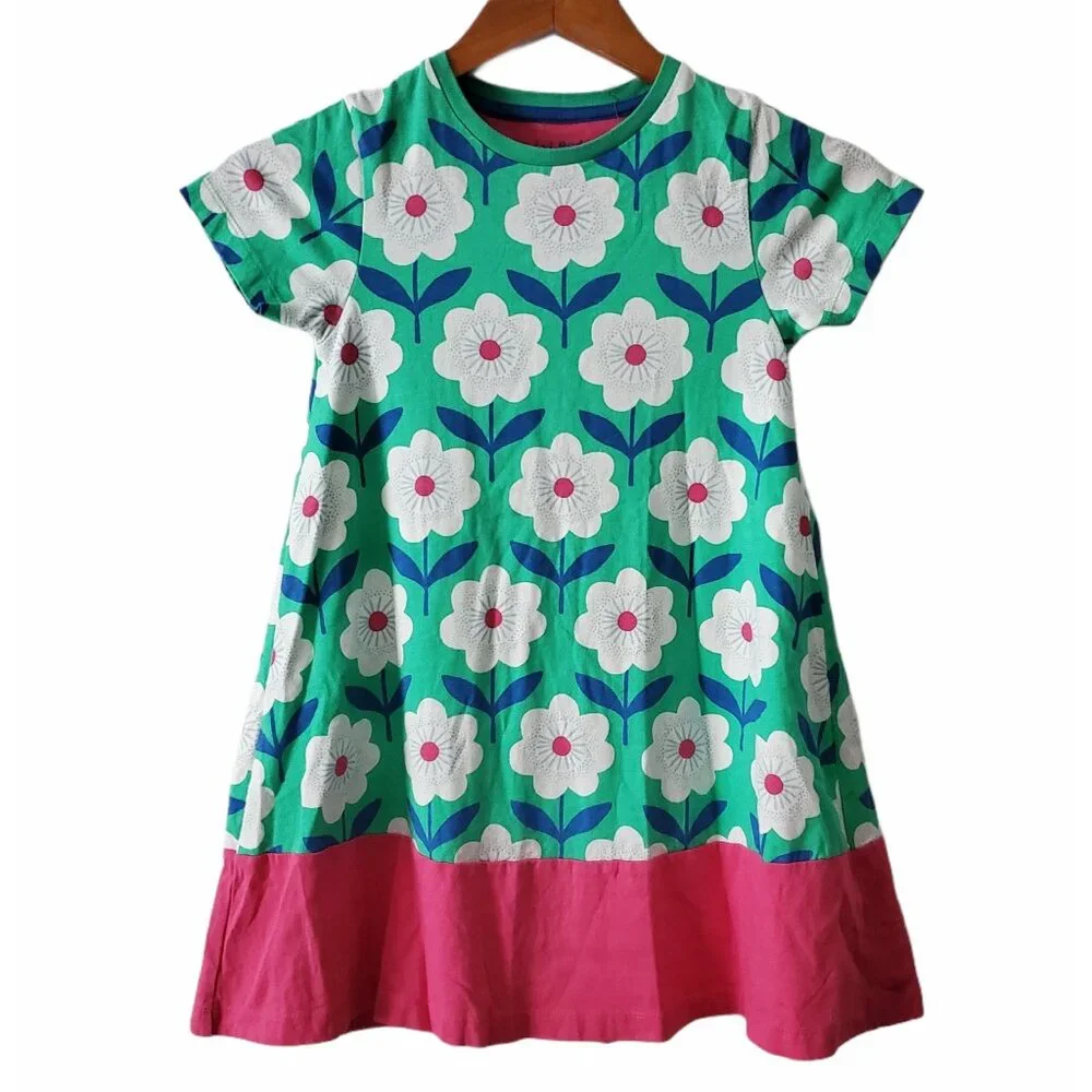 Mini Boden Little Girls Floral A-Line Pink‎ Green Jersey Cotton Shirt Dress 7-8Y